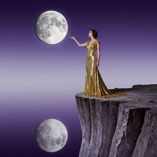 Golden-clad woman in a sparkling dress stands on a cliff, reaching towards a full moon in a purple twilight sky.