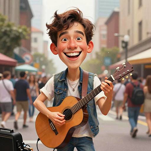 CGI image of a smiling, brown-haired boy with freckles, wearing a white shirt and denim vest, playing an acoustic guitar on a bustling