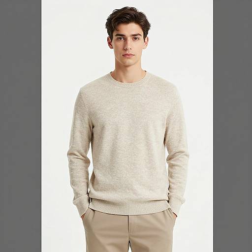 Photograph of a young man with short, dark hair, wearing a white knit sweater and beige pants, standing against a white background with gray borders.