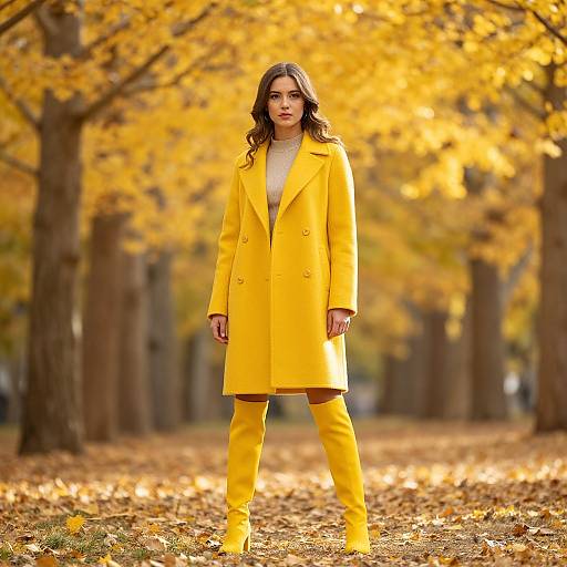 Photograph of a woman in a bright yellow coat and matching knee-high boots, standing in an autumn park with golden leaves.