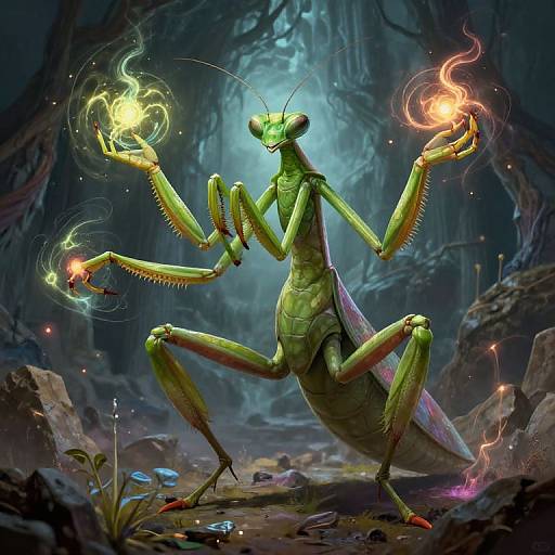 Digital fantasy artwork of a green, humanoid mantis with six arms, conjuring glowing, magical fire and energy in a dark, mystical forest.