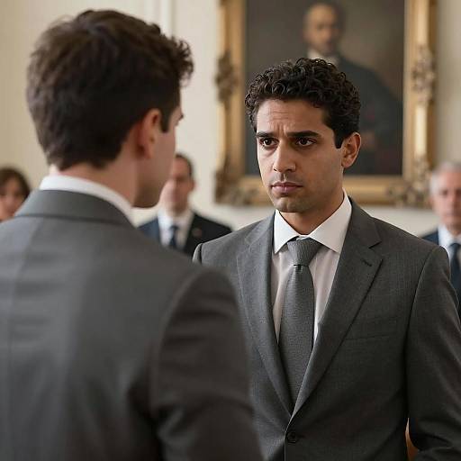 Two Men in Formal Suits in Serious Conversation