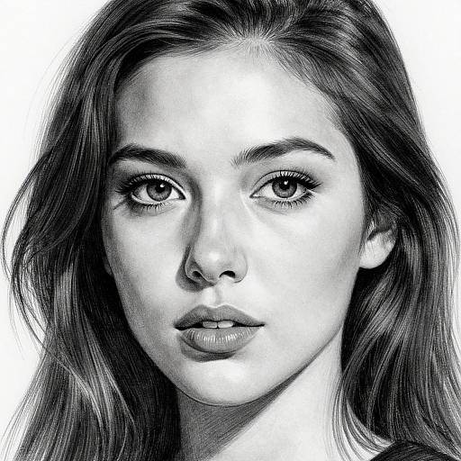 Black and white digital portrait of a young woman with long, wavy hair, large eyes, and full lips, rendered in a hyper-realistic style