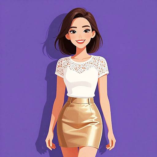 Digital illustration of a smiling woman with shoulder-length dark brown hair, wearing a white lace top and gold leather skirt, against a solid purple background.