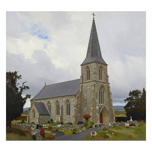 Photograph of a charming, stone Gothic-style church with a tall steeple, surrounded by lush greenery, colorful flowers, and a gravel path