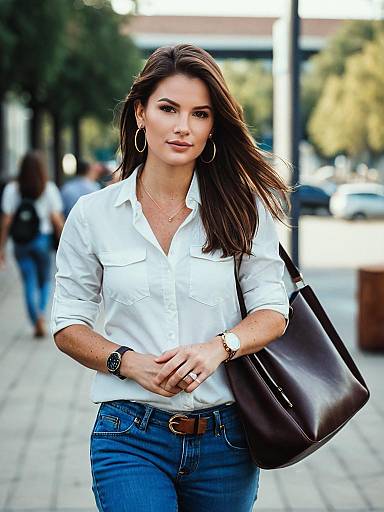 Modern Casual Woman in White Shirt and Denim Jeans