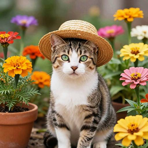 Photograph of a tabby cat with green eyes wearing a straw hat, sitting among vibrant orange, yellow, pink, and purple flowers in terrac