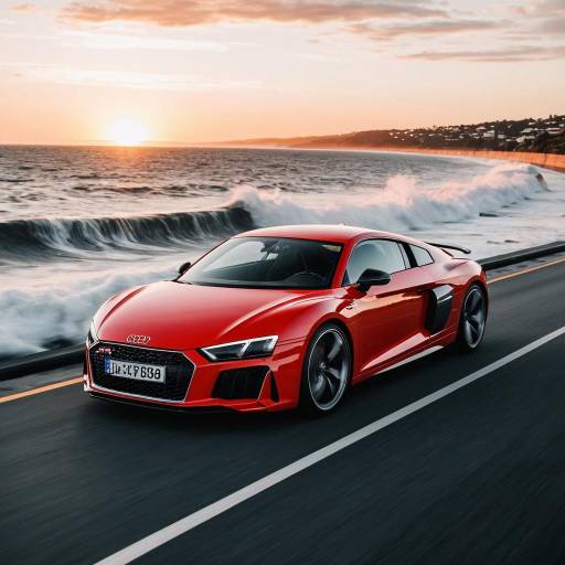 Red Audi R8 Coupe on Coastal Highway at Sunset