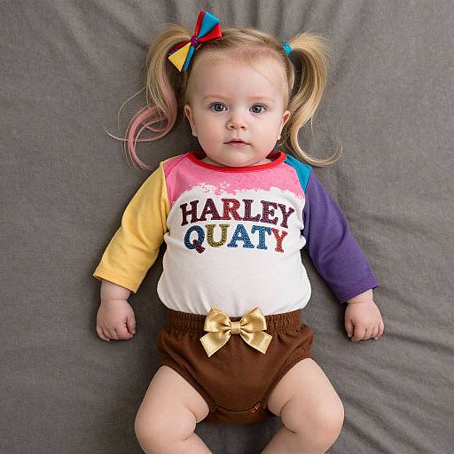Photograph of a blonde toddler with pigtails, wearing a 