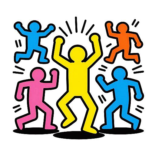 Colorful abstract illustration of five humanoid figures dancing: yellow center, pink left, blue right, and two orange, with black outlines.