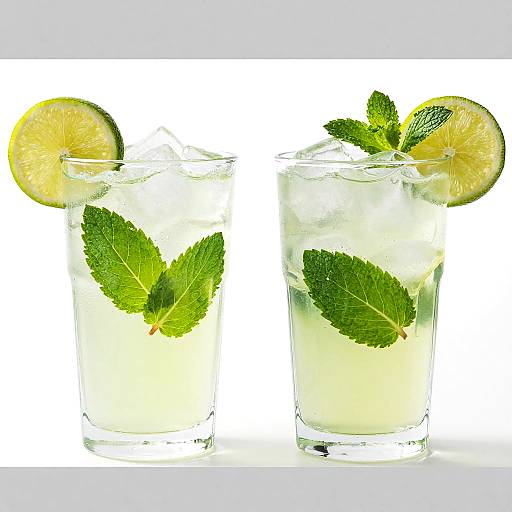 Photograph of two clear glasses with ice, lime slices, and fresh mint leaves, set against a white background.