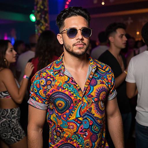 Photograph of a bearded man with dark hair, wearing colorful, psychedelic patterned shirt and aviator sunglasses, standing in a dimly lit,
