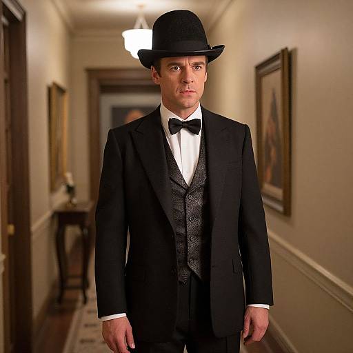 Photograph of a serious white man in a black Victorian-style suit, bow tie, and bowler hat, standing in an elegant, dimly lit