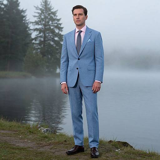 Photograph of a handsome man in a light blue suit, pink shirt, and black tie standing by a misty lake with trees in the background.