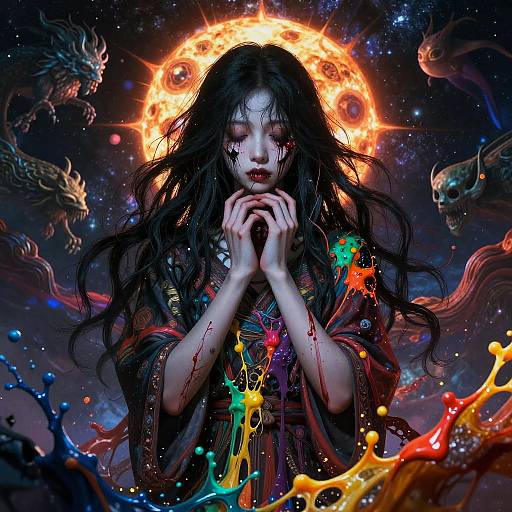 Digital painting of a pale, long-haired girl with blood-stained hands, praying before a fiery halo surrounded by demonic skulls and colorful paint splatters in