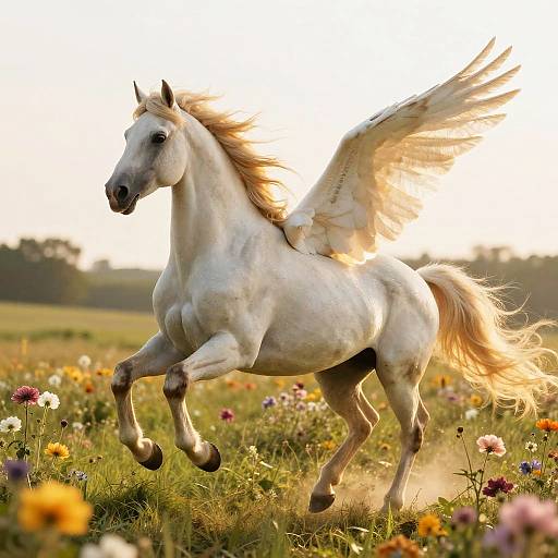 Elegant Pegasus Galloping Through Meadow