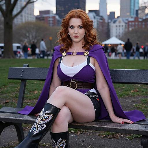 Photograph of a fair-skinned, red-haired woman with large breasts, wearing a purple cape, white top, black shorts, and patterned boots