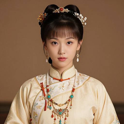 Photograph of an East Asian woman in a traditional cream-colored silk cheongsam with floral embroidery, adorned with red and green jewelry, and an intricate