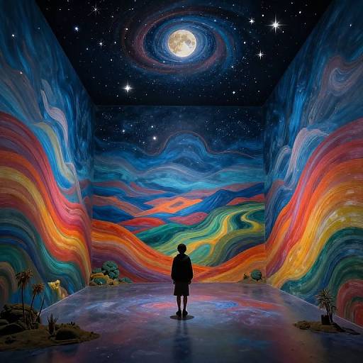 Photograph of a person silhouetted against a vibrant, psychedelic mural of a starry night sky with a full moon, colorful swirling waves,