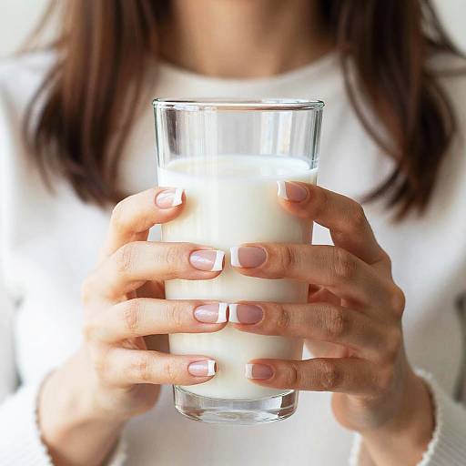 Photograph of a woman with light brown hair, wearing a white sweater, holding a clear glass of milk with both hands.