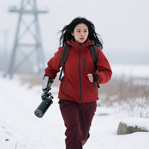 Woman in Red Jacket in Snowy Fog