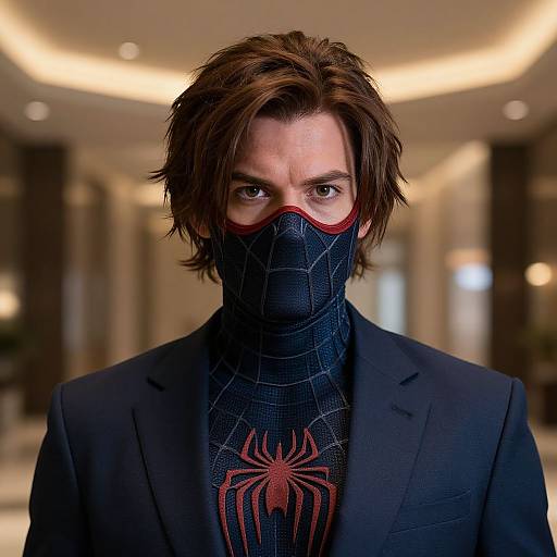 Photograph of a man with brown hair, wearing a black suit, black spider-web mask, and red spider emblem, in a warmly lit hallway.