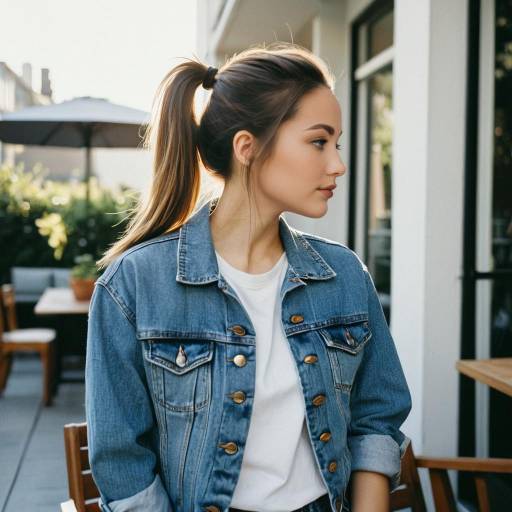 Young woman with side ponytail in denim jacket outdoors