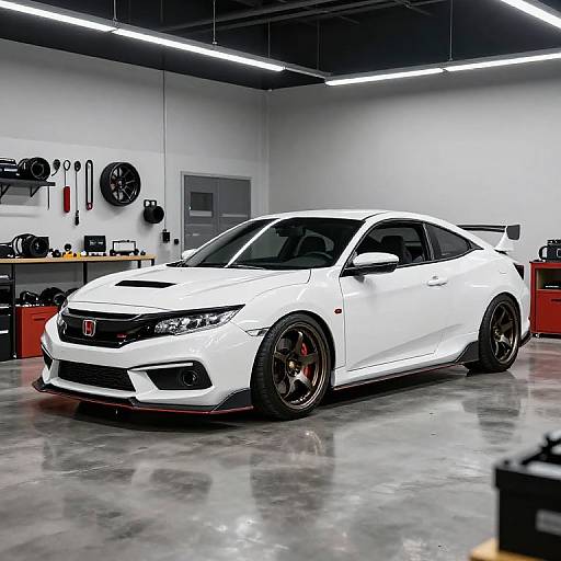 Photograph of a sleek white Ford Mustang with black rims and lowered suspension, parked in a brightly lit, modern garage workshop.