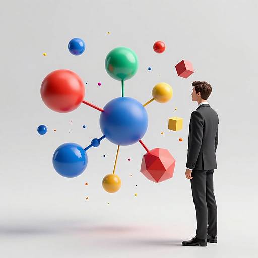 Photograph of a man in a black suit, standing side profile, looking at colorful 3D molecular structures with red, blue, green, and