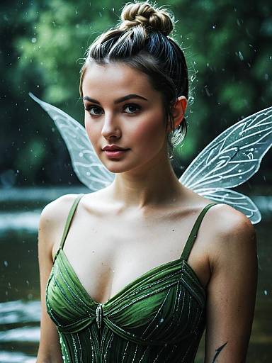 Digital artwork of a fair-skinned, blonde woman with a bun, wearing a green, beaded dress, and translucent fairy wings, standing by a
