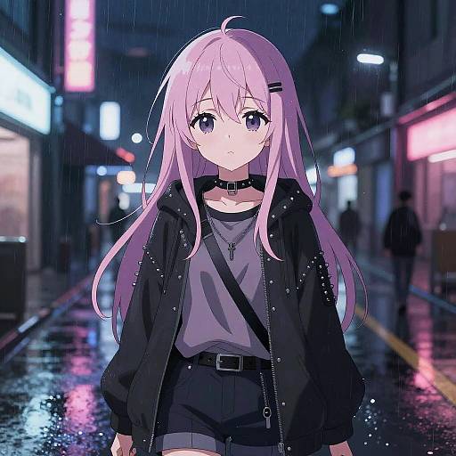 Anime-style digital art: Purple-haired girl with blue eyes, wearing black jacket, choker, and gray shirt, stands in a neon-lit,
