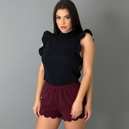 Photograph of a young woman with long black hair, wearing a black ruffled sleeveless top and maroon shorts, standing against a plain gray background