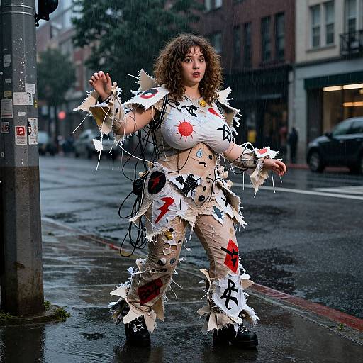 Photograph of a curly-haired woman in a rainy city street, dressed in a torn, paper-like costume with abstract symbols, standing with arms outst