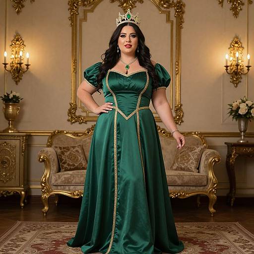 Photograph of a curvy woman with long black hair, wearing a green velvet princess gown with gold trim, crown, and red lipstick, standing in