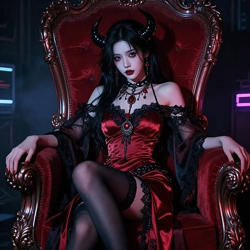 Photograph of a pale-skinned woman with black horns, red satin dress, black lace, and stockings, sitting on a regal red velvet throne