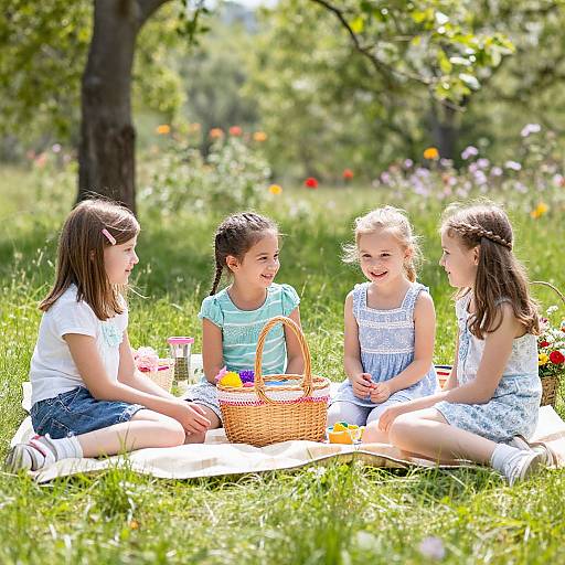 Photograph of four smiling young girls, with different hair colors and styles, sitting on a blanket in a sunlit grassy park, sharing a w