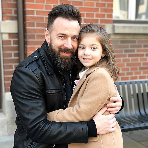 Photograph of a bearded father with dark hair, hugging his smiling daughter in a beige coat, standing in front of a brick building.