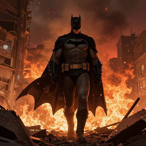 Digital art of Batman standing in a fiery, ruined cityscape. Flames illuminate his muscular, dark-clad figure with bat ears and cape, surrounded by