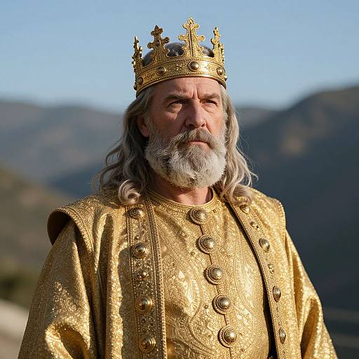 Photograph of an elderly white man with long gray hair and beard, wearing a golden crown and elaborate gold robe, standing against a mountainous background on