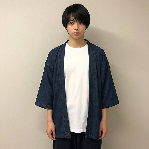 Photograph of an Asian teenage boy with black, straight hair, wearing a white t-shirt and dark blue, loose-fitting, button-down shirt,