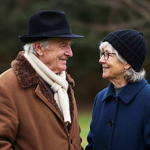 Photograph of an elderly couple smiling, wearing winter hats and coats, with the man in a brown coat and white scarf, and the woman in a