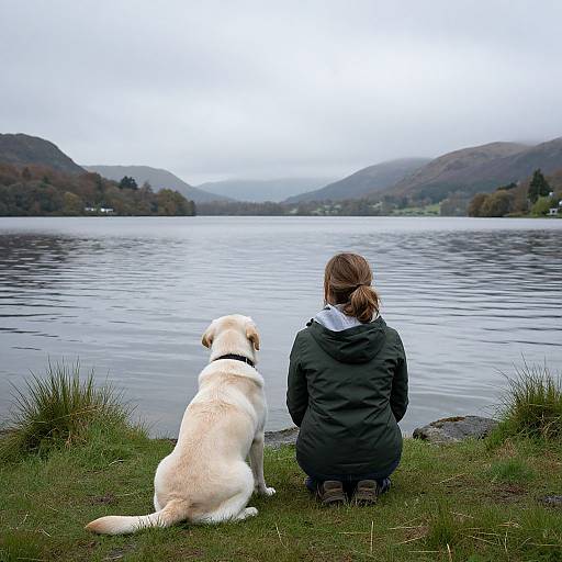 Photograph of a woman and yellow Labrador sitting on grass, facing a calm lake with misty hills in the background.