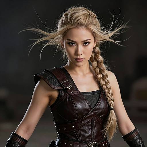 Photograph of a fierce, blonde woman with a long braid, wearing a black leather vest and gloves, with intense expression, dark background.