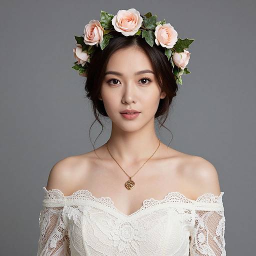 Photograph of an East Asian woman with fair skin, wearing a white lace off-shoulder dress, floral crown of pink roses, and gold necklace