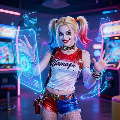 Photograph of a woman in Harley Quinn cosplay, with blue and pink pigtails, white crop top, red and blue shorts, neon holographic