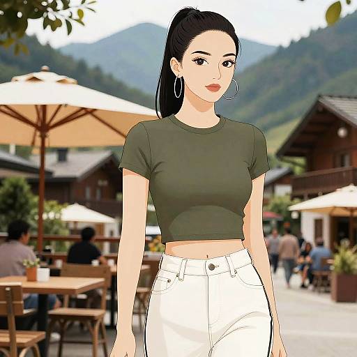 Digital illustration of a fair-skinned woman with black hair in a ponytail, wearing a green crop top and white high-waisted pants, standing