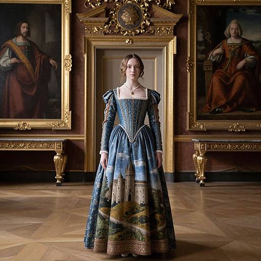 Photograph of a young woman in an elaborate Renaissance-style blue and gold dress, standing in an opulent gallery with two large, framed portraits of historical