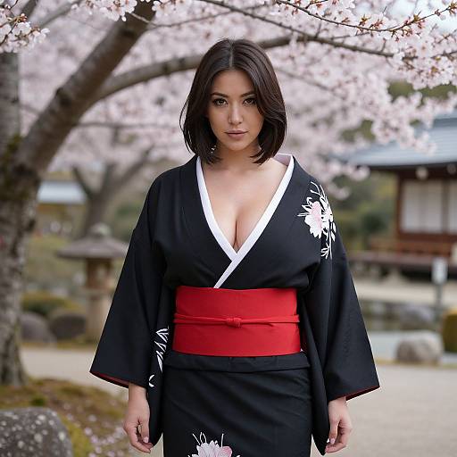 Photograph of a Japanese woman with shoulder-length black hair, wearing a black kimono with white floral patterns, red obi, and low neckline,