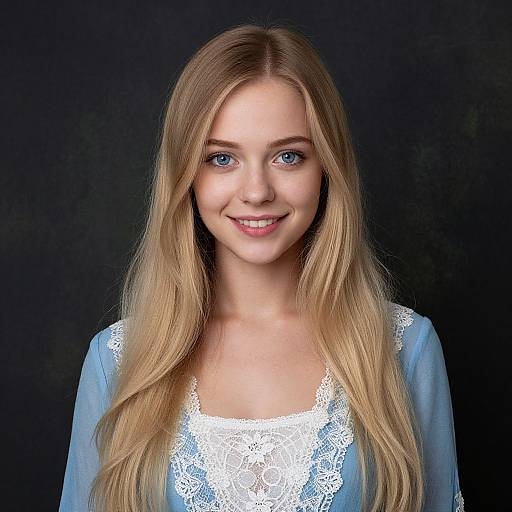 Photograph of a young Caucasian woman with long blonde hair, blue eyes, and fair skin, smiling, wearing a white lace top over a light blue