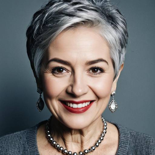 Smiling Elderly Woman with Pixie Grey Hair and Jewelry